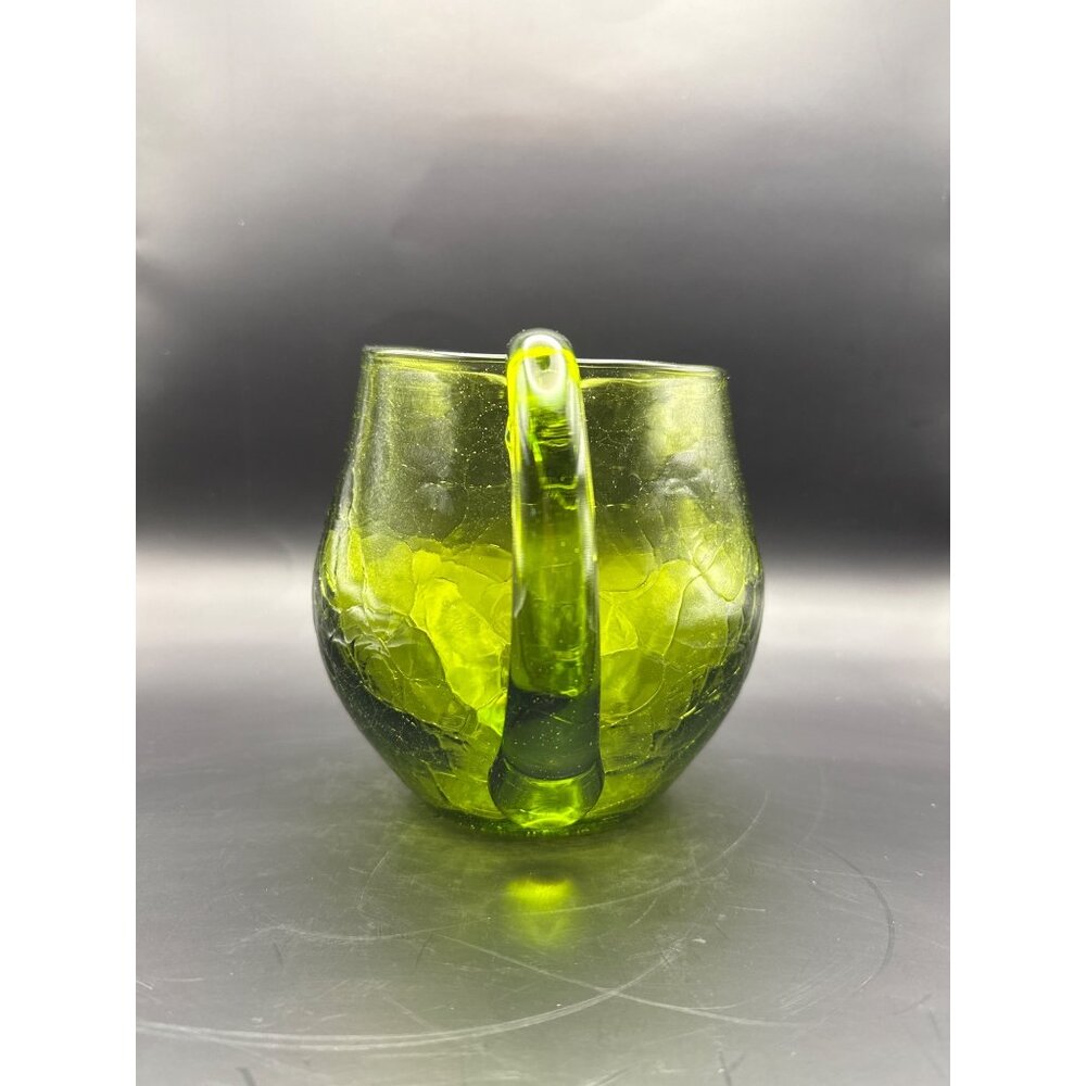 Vtg Blenko Green Crackle Glass Hand Blown Squat Pitcher Applied Handle And Spout - Picture 4 of 9